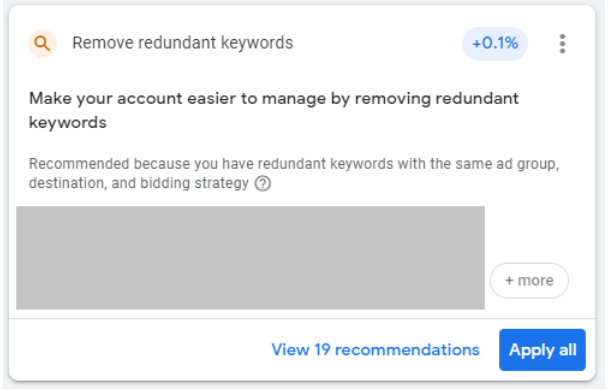 recommendation suggests removing redundant keywords 