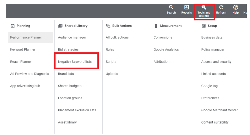 Negative Keyword Lists path