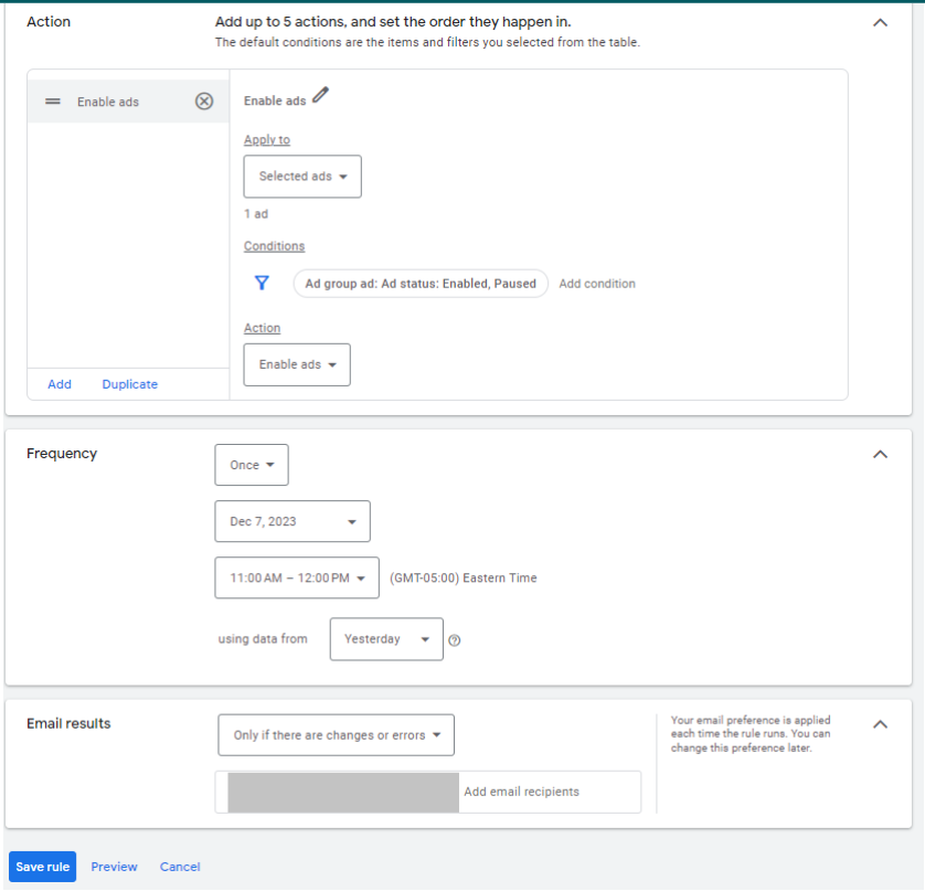 create automated rule in google ads