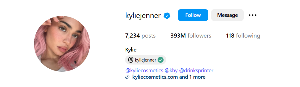 Instagram Profile snapshot of Kylie Jenner